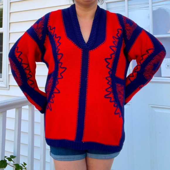 Sweaters - 🥂3/$25 VTG 90s Red and Blue Stars V-Neck Sweater Sz L/XL